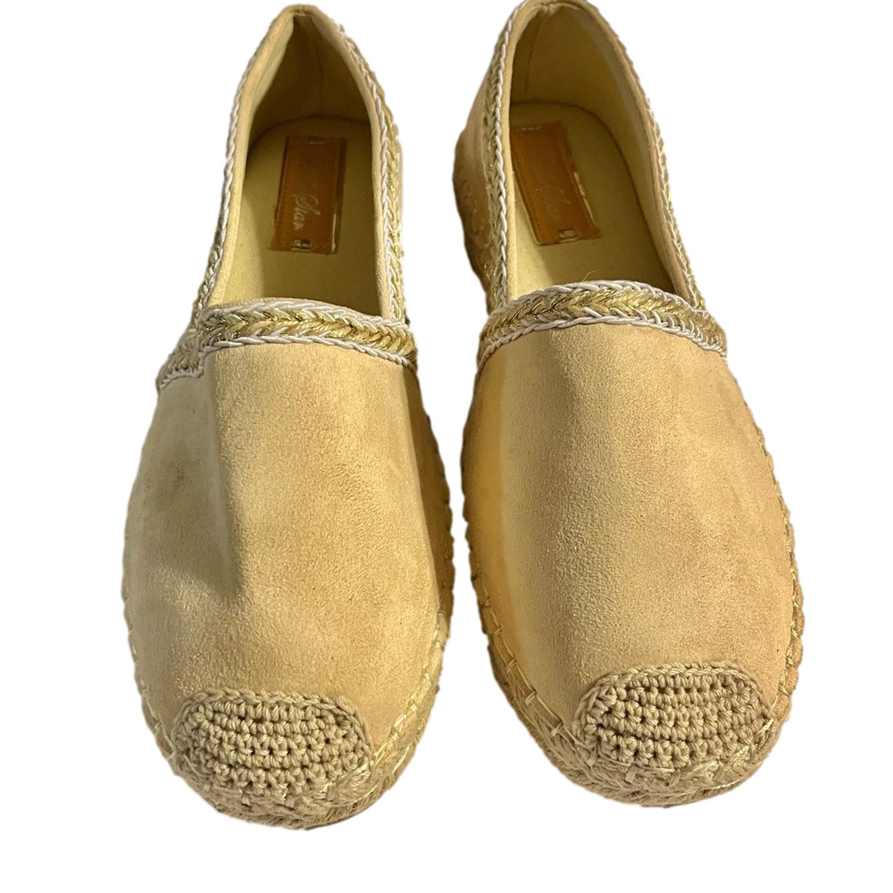 Espadrille cream loafer flat crocheted toe gold metallic thread boho neutral 9.5